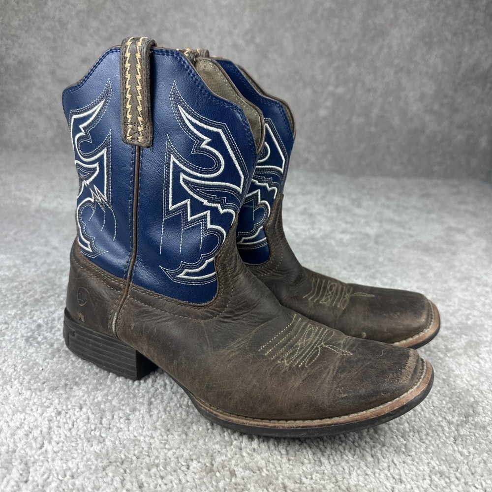 Ariat Cowboy Boots Kids Size 6 Brown Blue Square Toe Leather 10038333